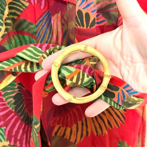 Farm Rio Belted Ruffle Crepe Red Parrot Jungle Print Midi Dress SIZE XL - Picture 6 of 9